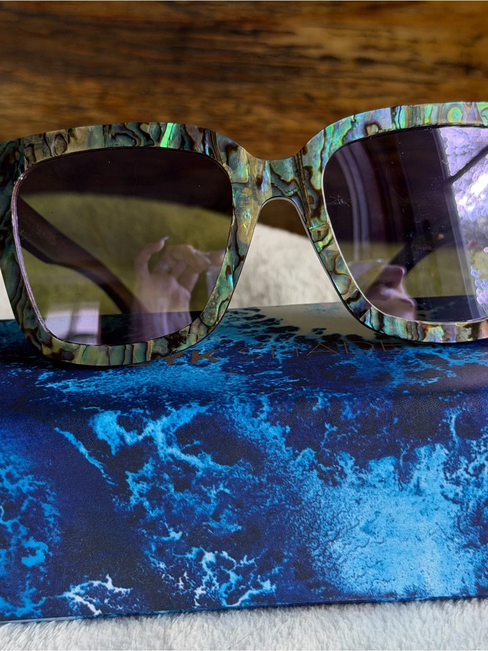 Abalone Pattern Square Sunglasses with Purple Lenses
